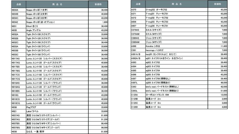 価格改定のお知らせ